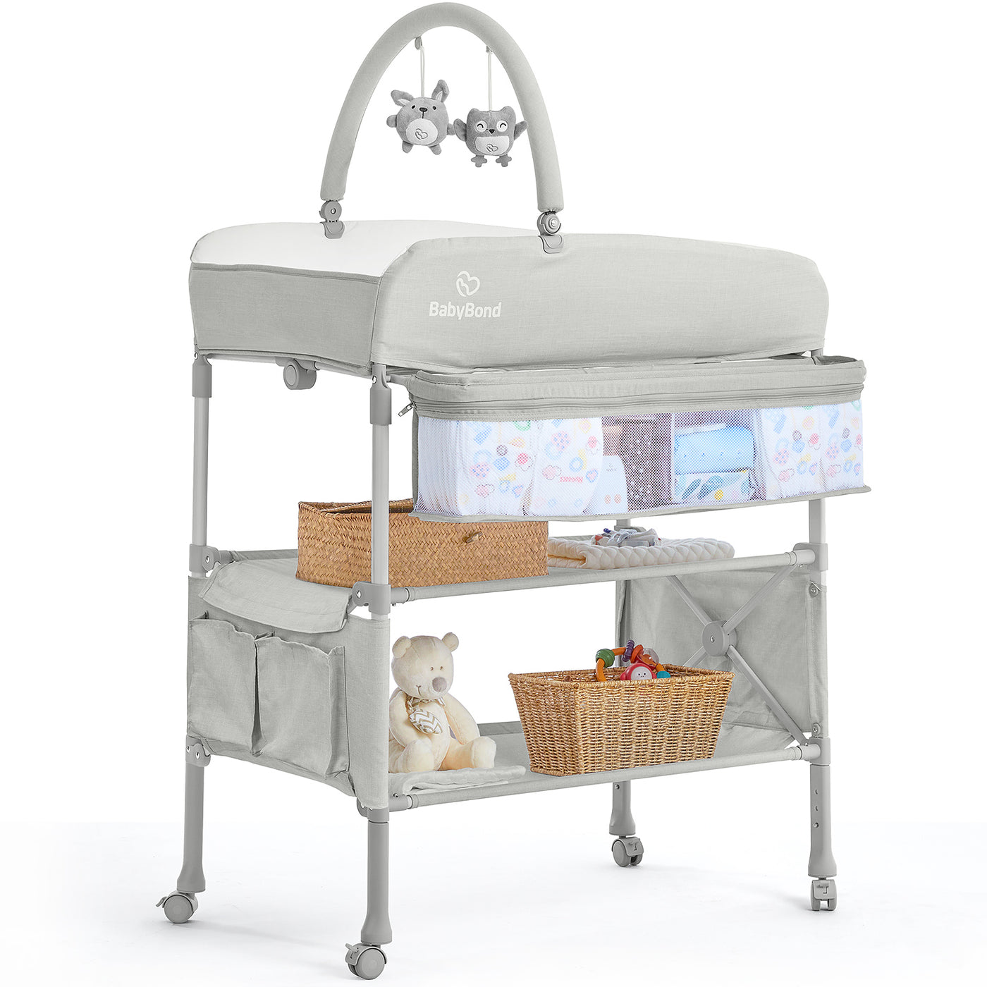 BabyBond Portable Baby Changing Table for Newborn Essentials New Beige with 2 Storage Baskets